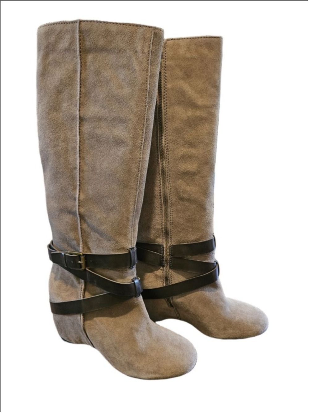 Women's Franco Sarto Taupe Suede Wedge Boots with Brown Straps Size 9.5